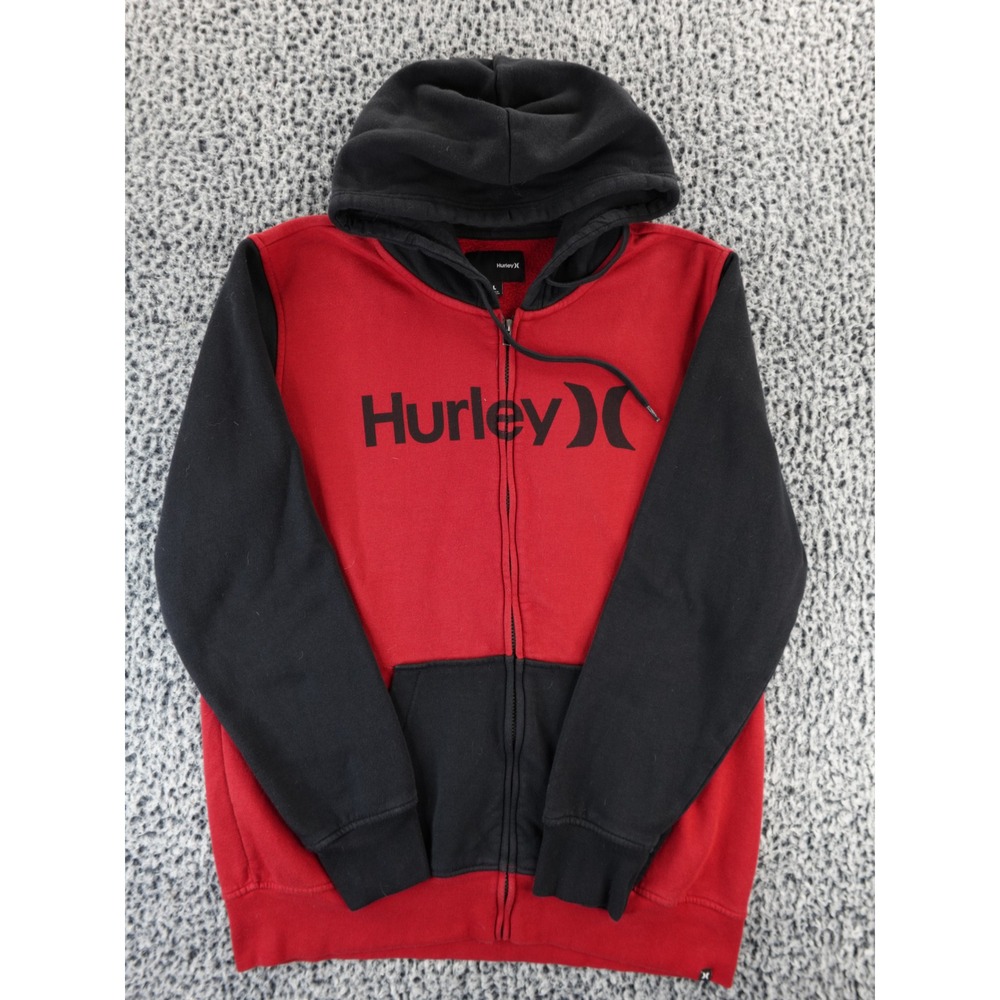 Hurley Mens Full Zip Hoodie Red Black‎ Logo Size L